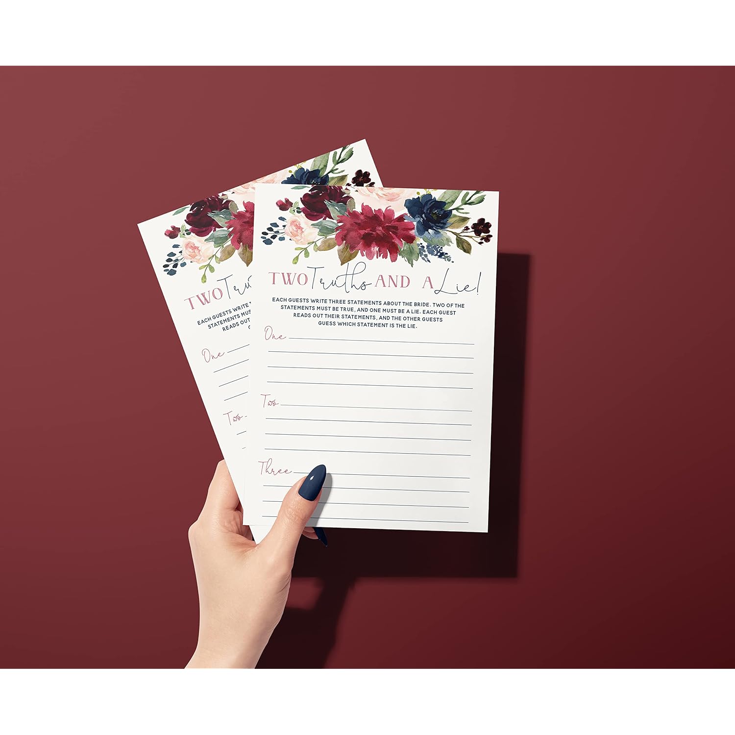 2 Truths And 1 Lie Navy Burgundy 50 Pack Floral Bridal Wedding Shower Or Bachelorette Party Game - Fun And Interactive Icebreaker Activity For Guests
