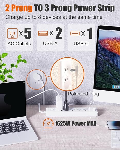2 Prong Power Strip Adapter 5 Outlets 3 USB Ports 1680J Surge Protector 5FT Extension Cord White