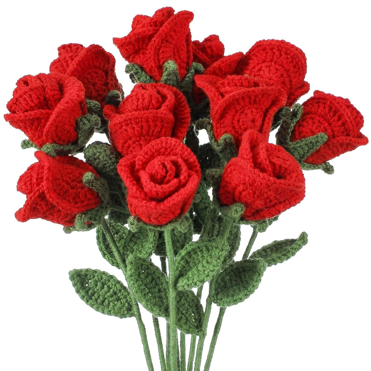 10 Pcs Valentine'S Day Red Crochet Roses Bouquet, Handmade Knitted Flowers, Forever Artificial Roses Gift For Women Wife Mother Friend