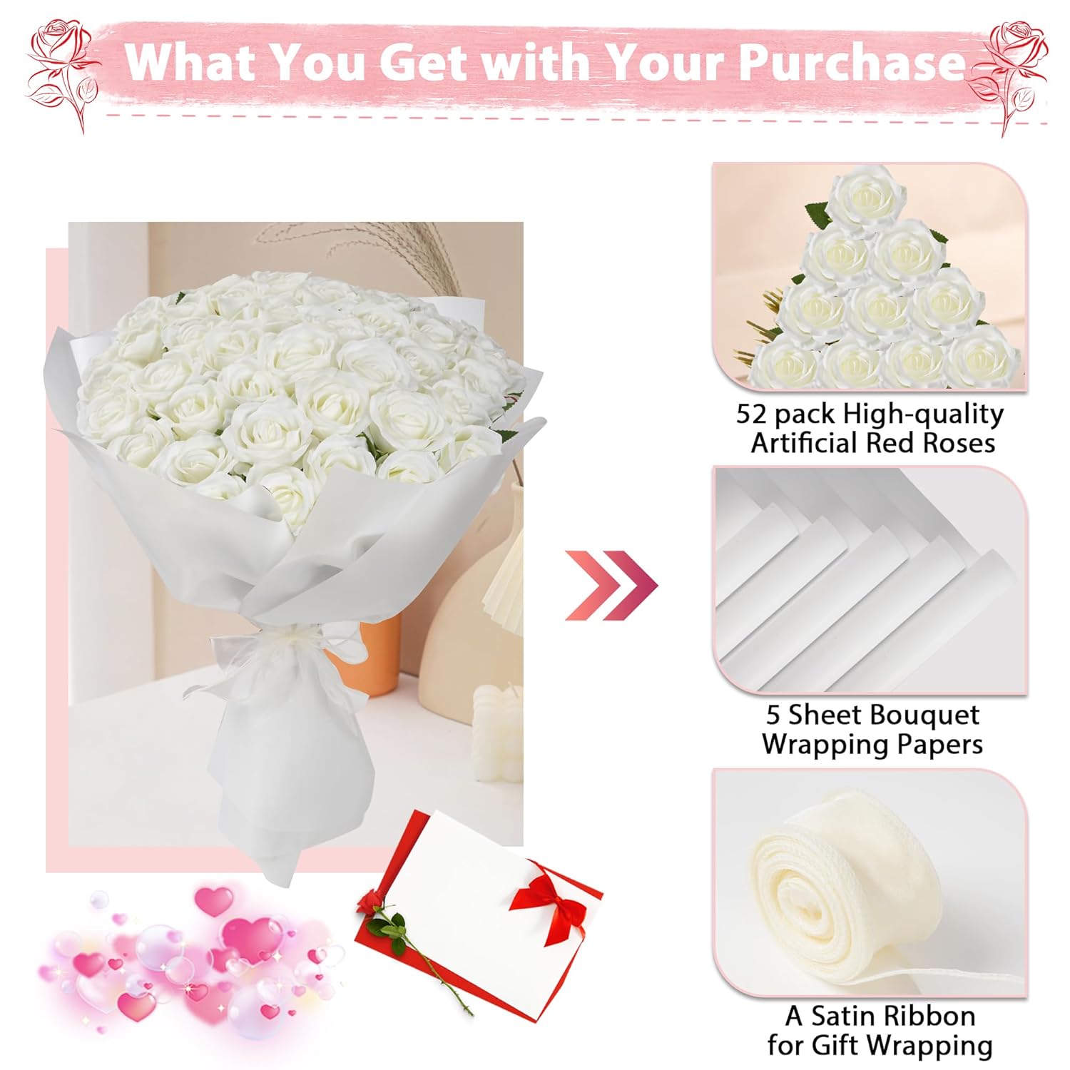 White Roses Artificial Flowers Bulk, 52Pcs Fake Roses White Flowers, Diy Silk Faux Roses Bouquet, Realistic White Faux Flowers Mohter'S Day Valentine'S Day Decor