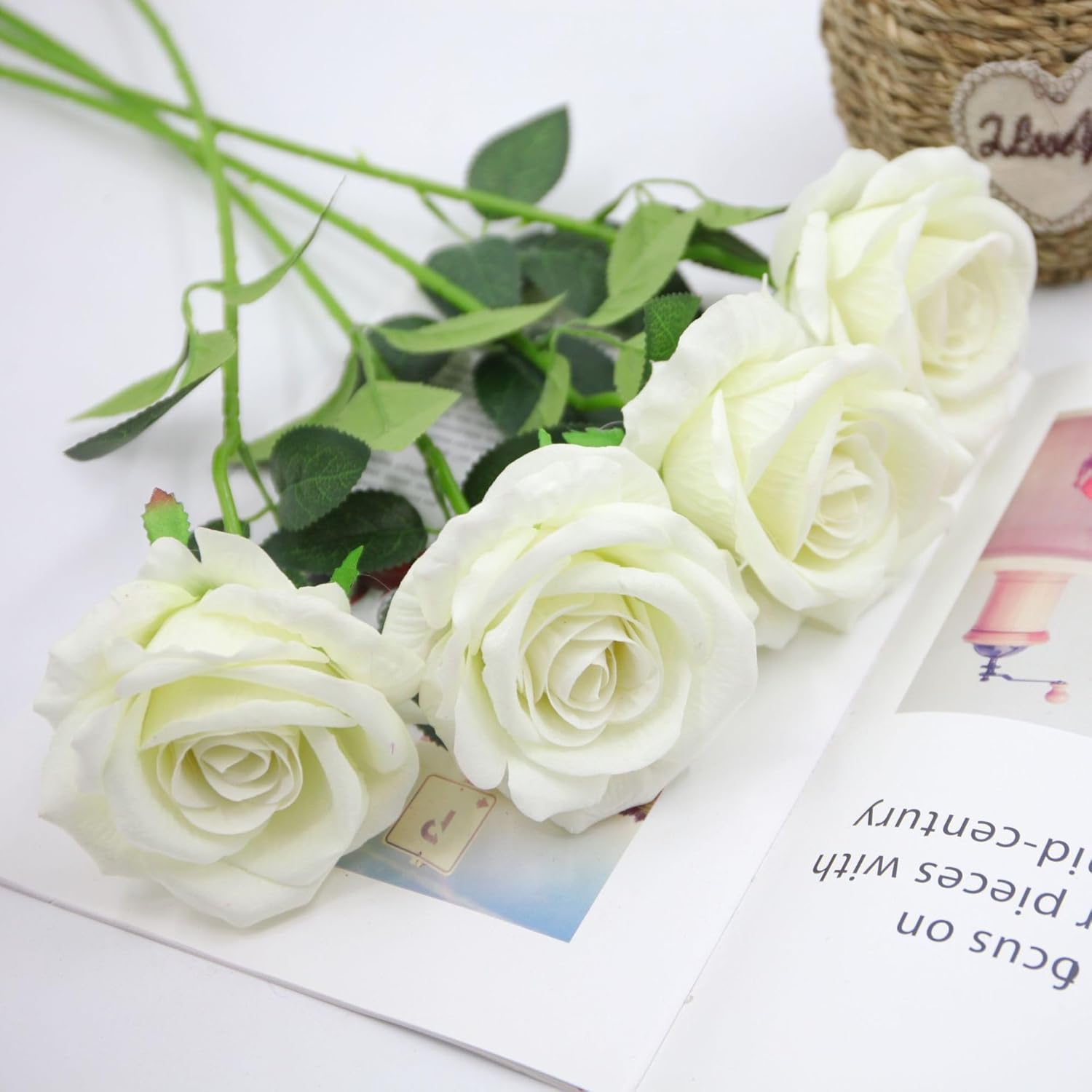 Artificial Roses Velvet Real Touch 15Pcs Single Stem Fake Roses Silk White Flowers For Home Office Garden Grave Party Wedding Decorations (Cream White)