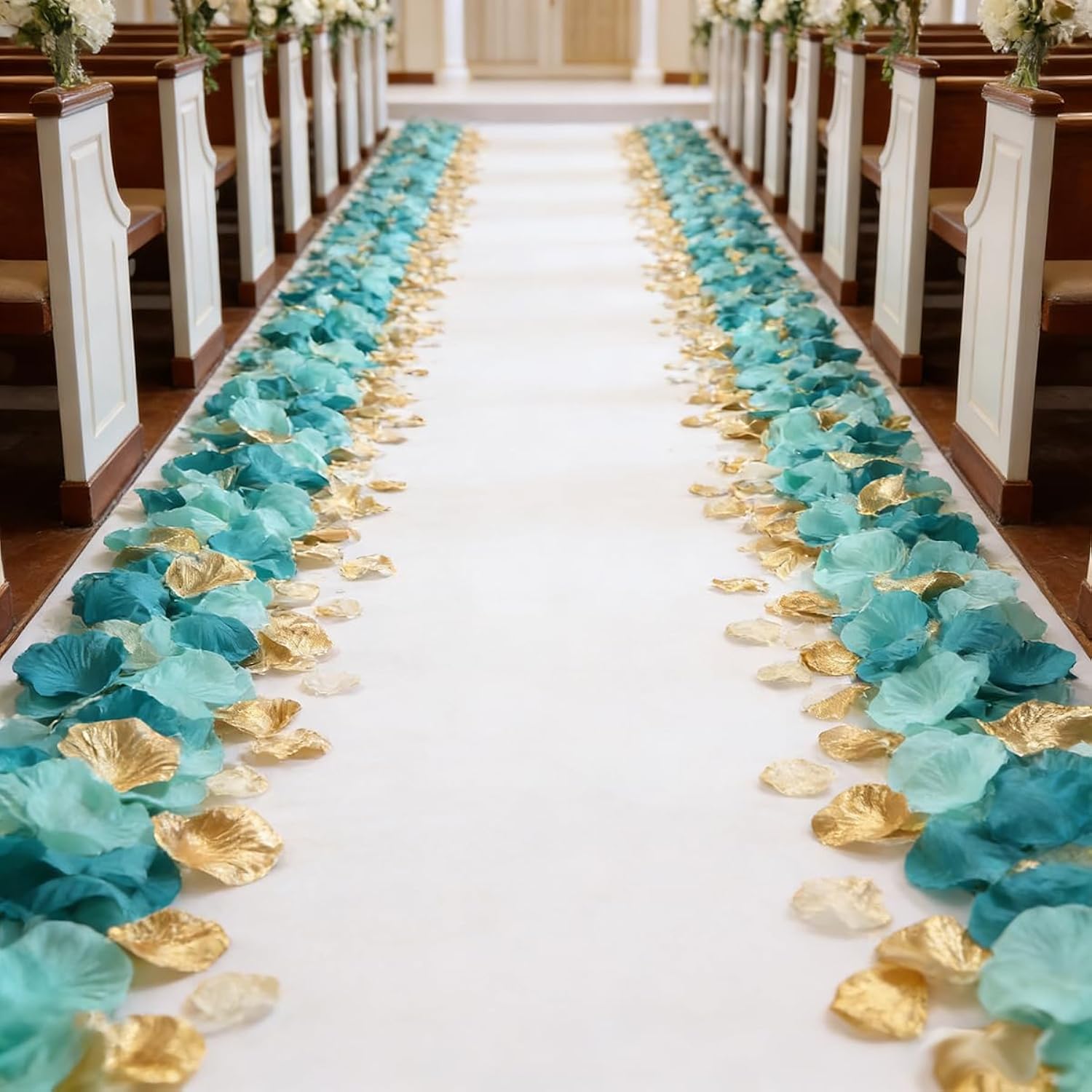 900Pcs Teal Aqua Mint Gold Silk Rose Flower Petals Party Confetti Table Centerpieces Scatters Baby Bridal Shower Wedding Favor Vase Filler Aisle Decoration