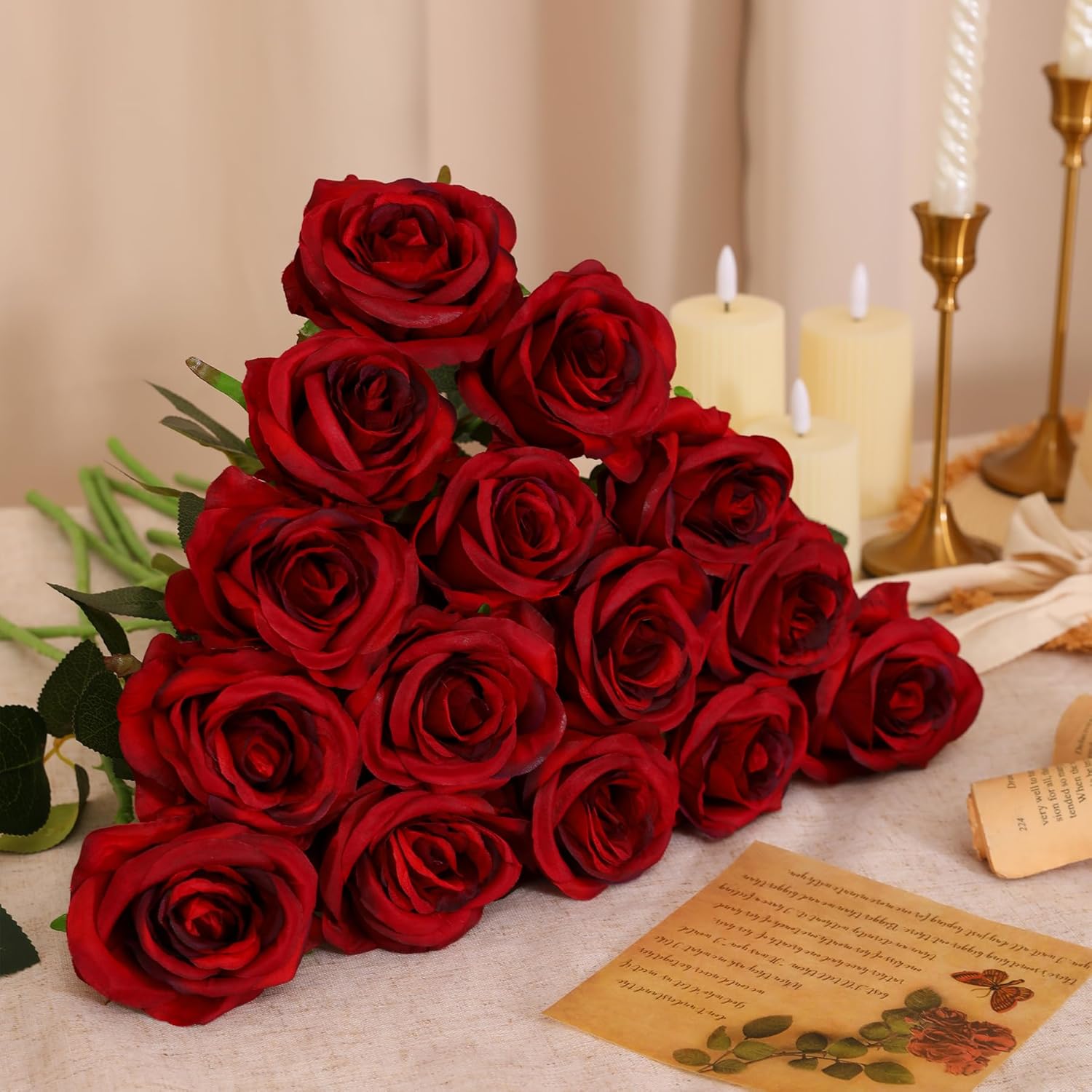 50Pcs Artificial Burgundy Roses Bulk, Fake Red Roses Flower With Stems Realistic Flowers For Wedding Centerpiece Home Party Decor(Burgundy)
