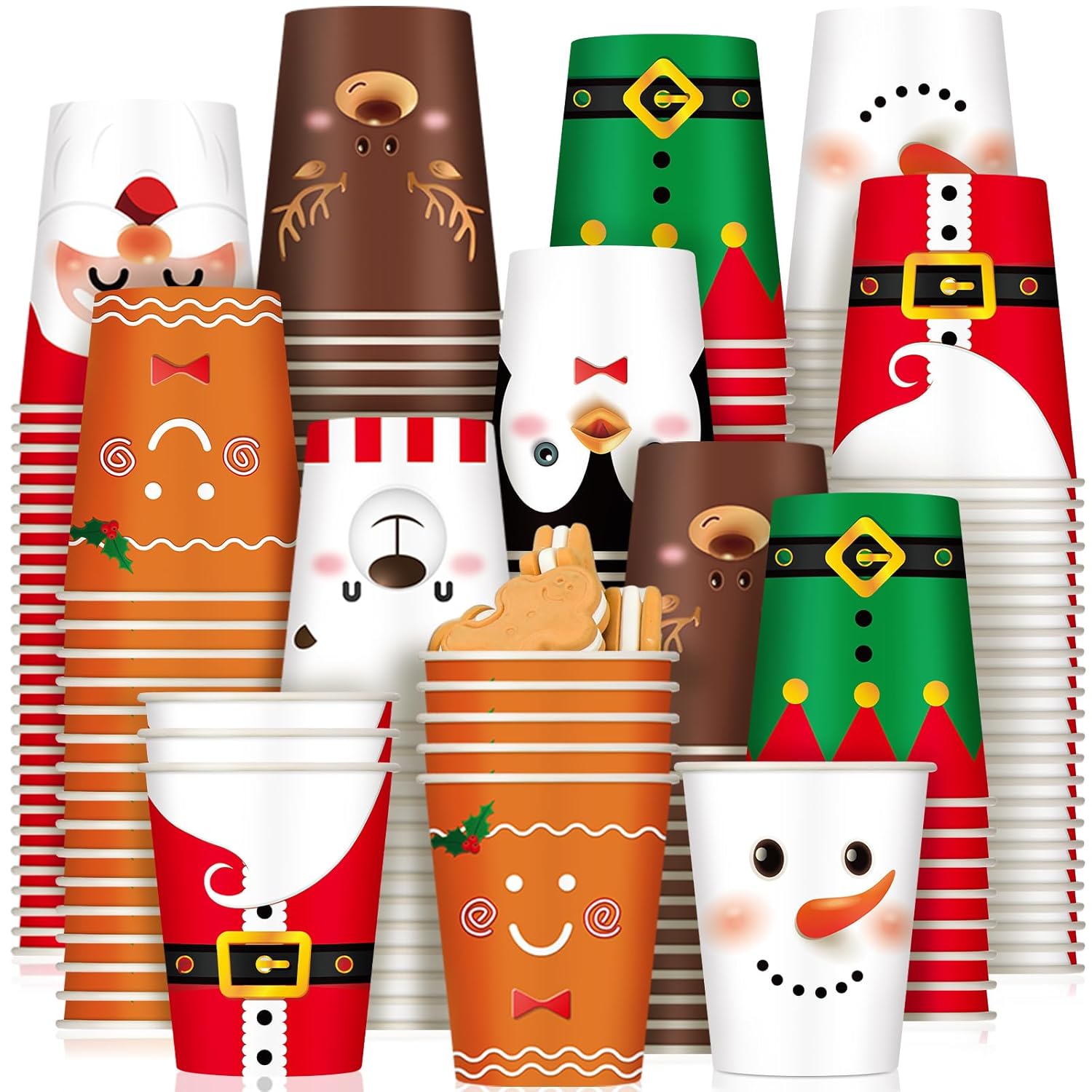 200 Pcs Christmas Paper Cups Xmas Disposable Coffee Cups 9 Oz Santa Snowman Elk Disposable Christmas Paper Drinkware For Tea Beverage Cocoa Cold Hot Drink