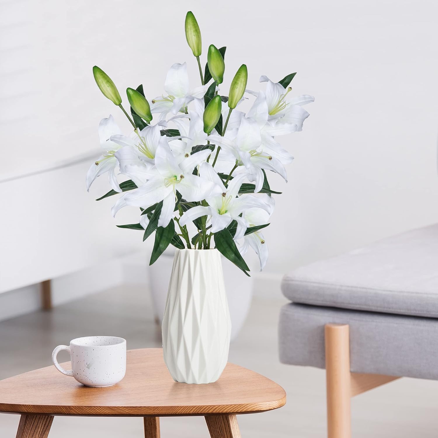 Lily Artificial Flowers Bulk Bouquet 30” Long Stems Dozen Blooming Silk Flower Heads Wedding Decoration Indoor Home Decor Diy Floral Crafts Table Centerpiece, 3Pcs (White)