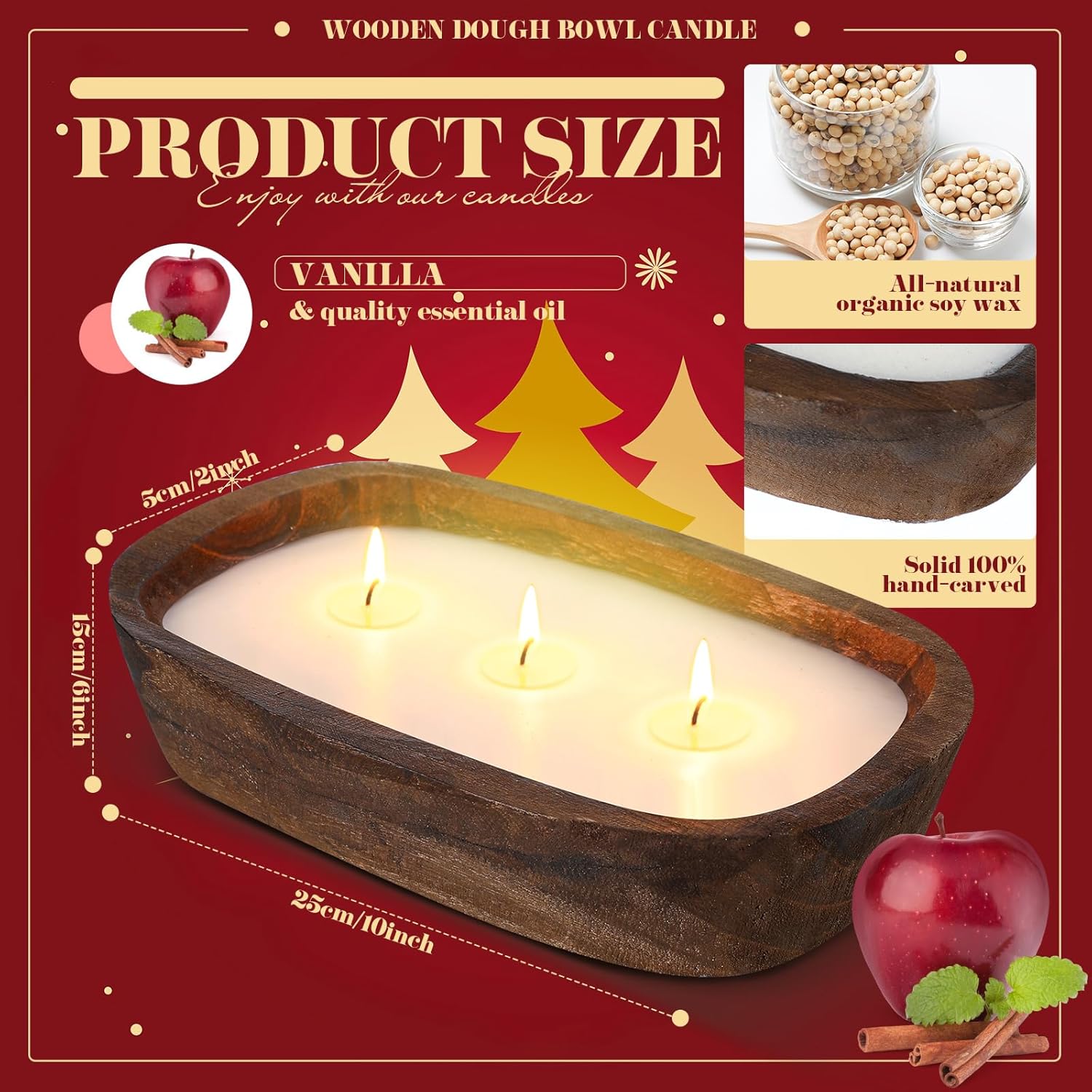1 Pack 10 Oz Wood Dough Bowl Candles Home Rustic Dough Bowl Soy Candle 3 Wick Scented Candles Gifts For Men Women Farmhouse Table Centerpiece Home Decor For Christmas(Apple Cinnamon)