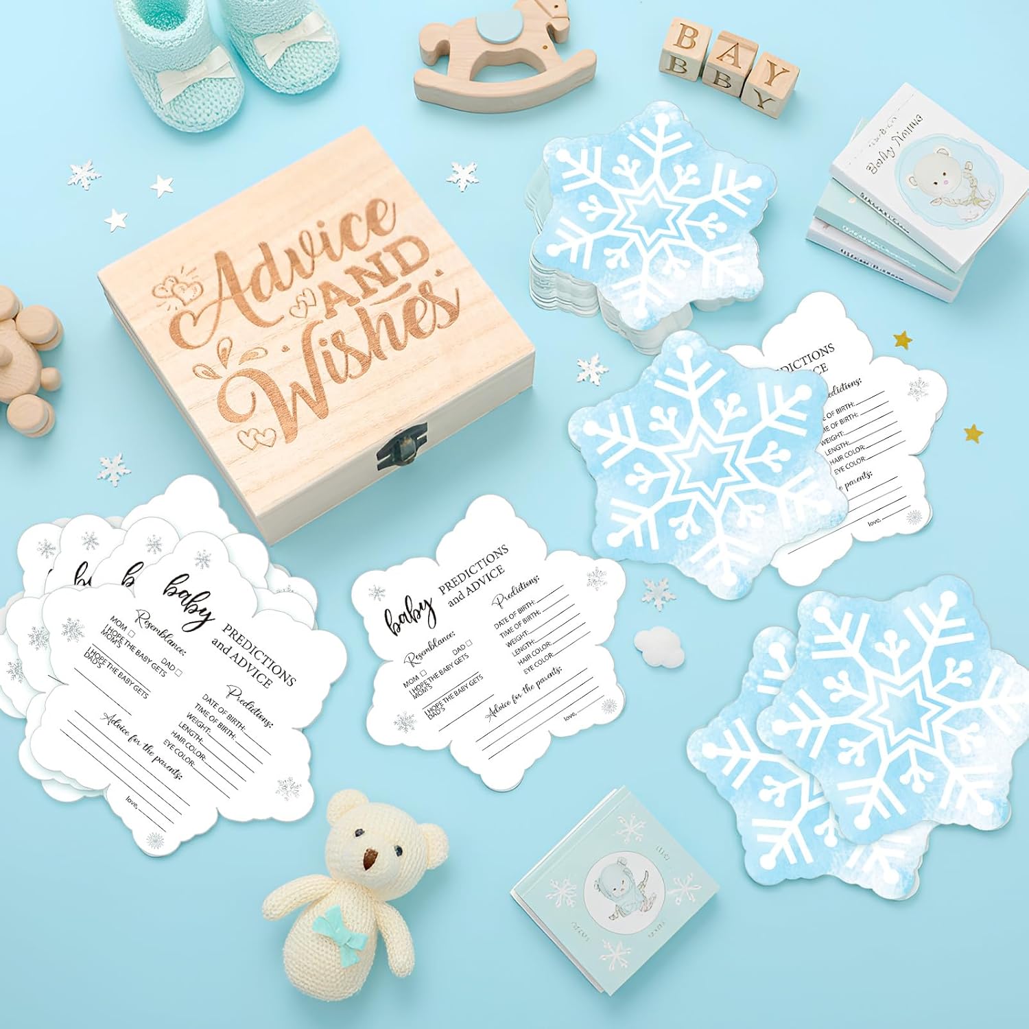 50 Pcs Double Side Fall Baby Prediction And Advice Game Cards With Wooden Keepsake Box Floral Pumpkin Thanksgiving Day Game Cards(Blue Snowflake)