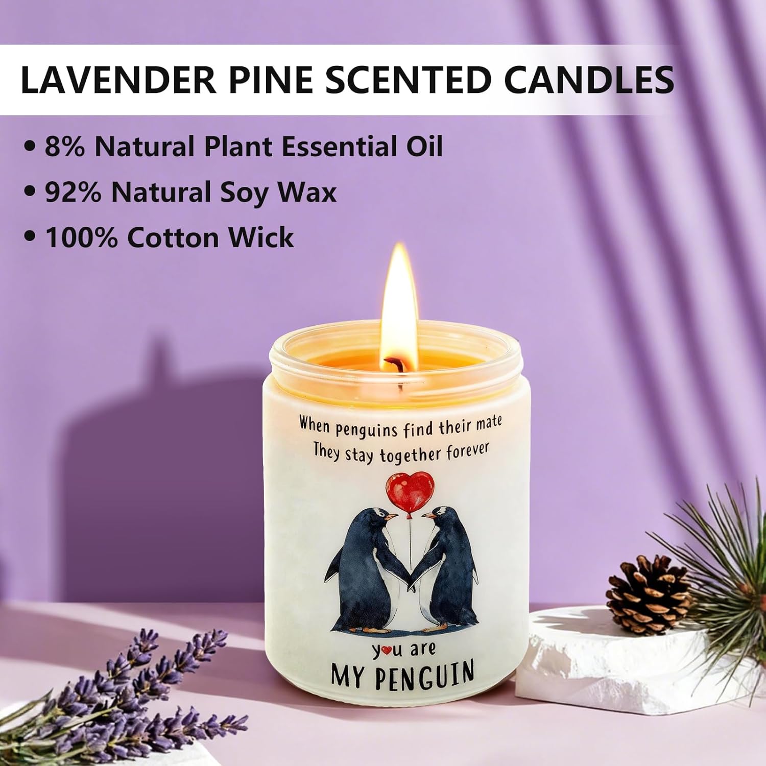 Lavender Pine Scented Candle Gift For Women Wife, You Are My Penguin Pattern Jar 7Oz Soy Wax Aromatherapy Candle,Gift For Couples, Her?Anniversary, Valentine'S Day, Birthday