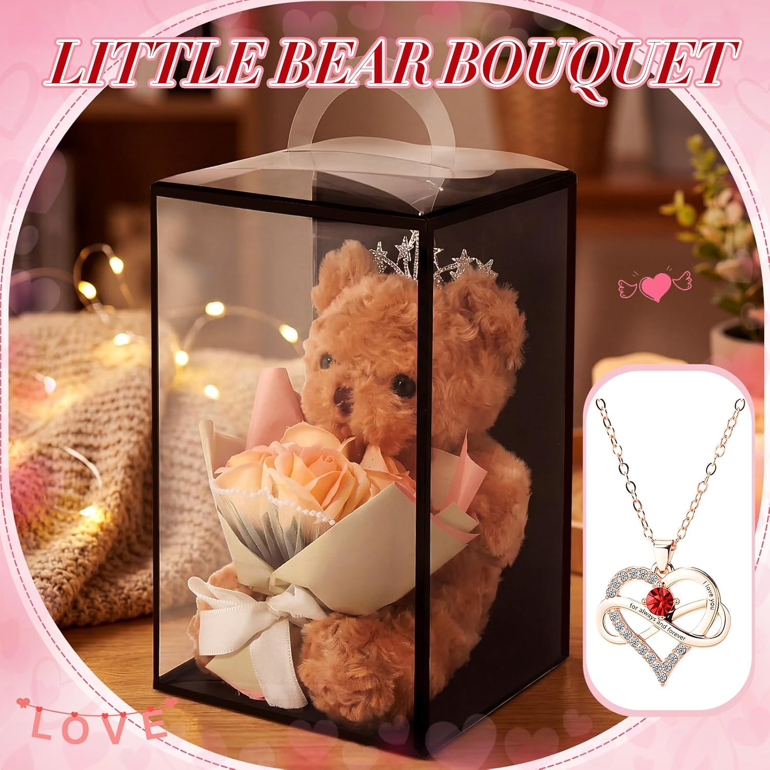 Orange Valentine'S Day Bear Flower Bouquet Rose For Women Artificial Rose Bouquet Gift Box With Plush Bear Greeting Card Love Gift For Girlfriend Mother Wife Anniversary Birthday
