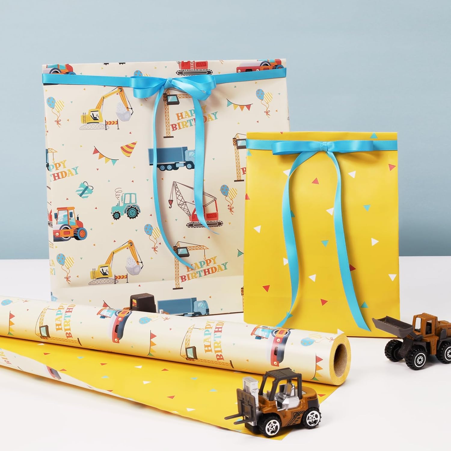 Reversible Construction Wrapping Paper Roll - 17 Inches X 33 Feet (47 Sq. Ft. Ttl.) Happy Birthday, Trucks, Balloons Design For Birthday, Baby Shower, Party, Holiday, Boys Girls Kids