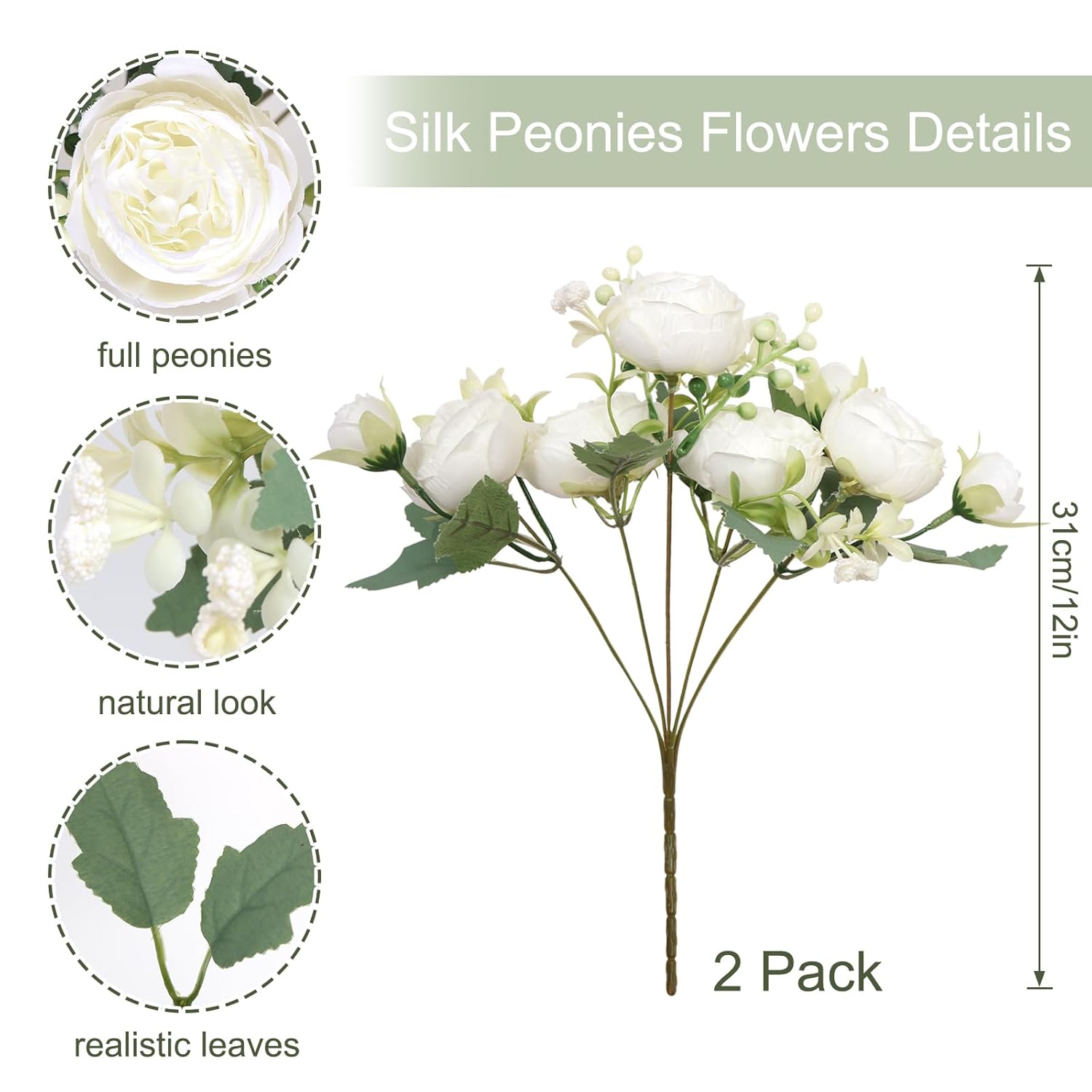 Peonies Artificial Flowers, White Artificial Peonies, Silk Peonies Flowers Bouquet Faux Flowers Fake Floral Arrangements For Table Centerpiece Wedding Party Home Decor (White, 2Pcs)
