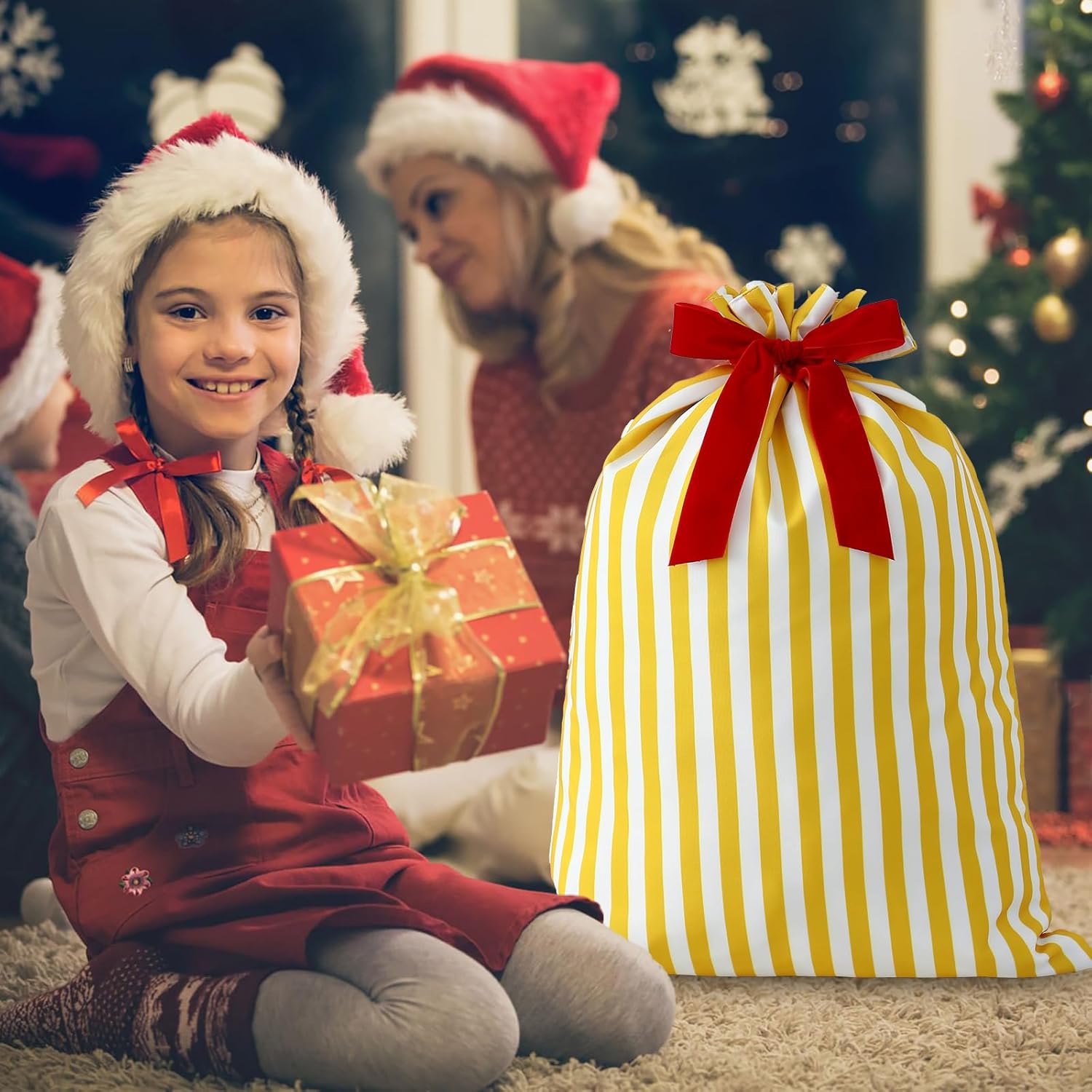Santa Sack Christmas Gift Bag 19.7 X 27.6 Inch Large Canvas Christmas Santa Claus Bag For Xmas Party Supplies Favors (White-Yellow Stripes)