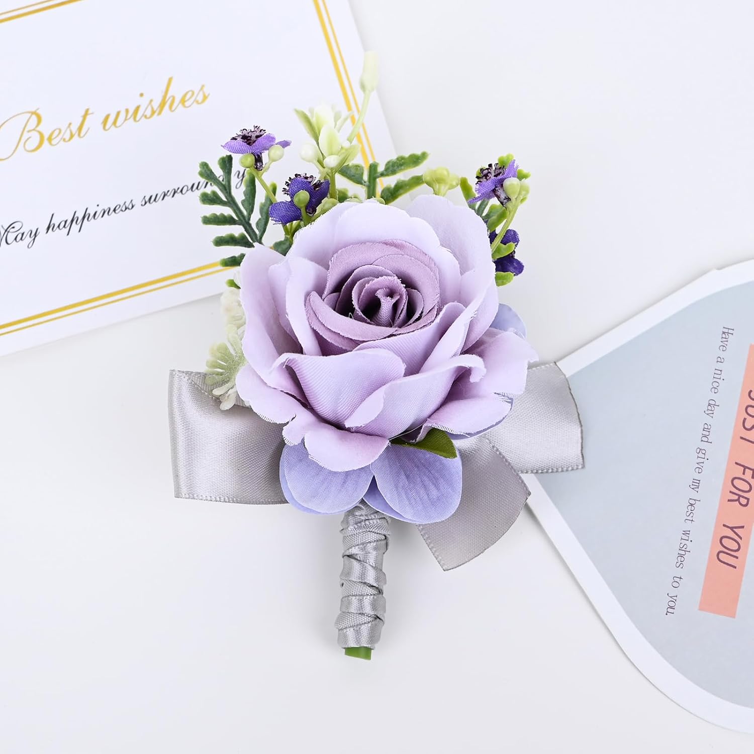 Artificial Rose Corsage Boutonniere Set For Groom Bride Groomsmen Bridesmaids, Simulated Flowers Accessories Wedding Party Prom Suit Decorations-2 Pieces Of Light Purple