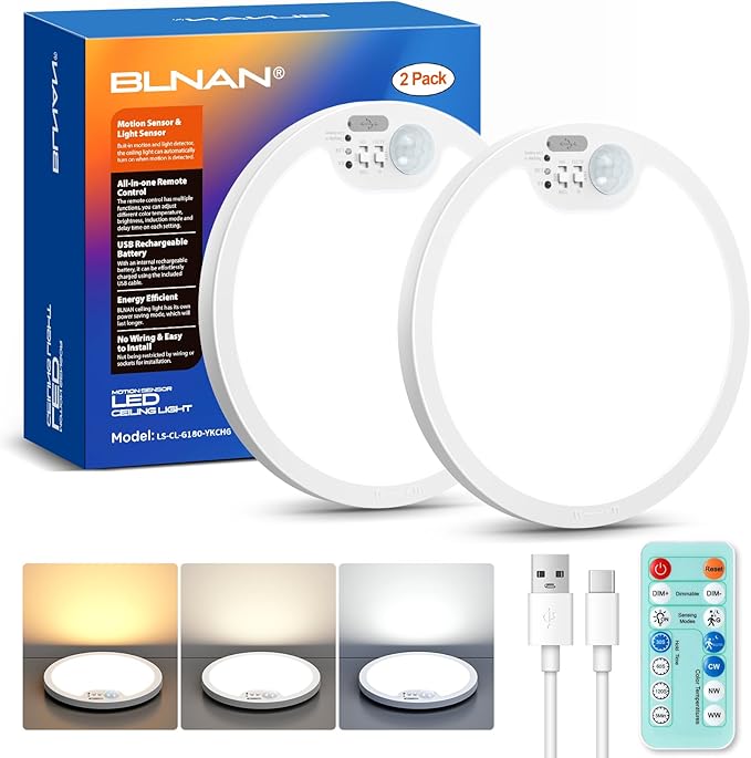 2 Pack Rechargeable Motion Sensor Ceiling Lights with Remote 3 Color LED Fixtures