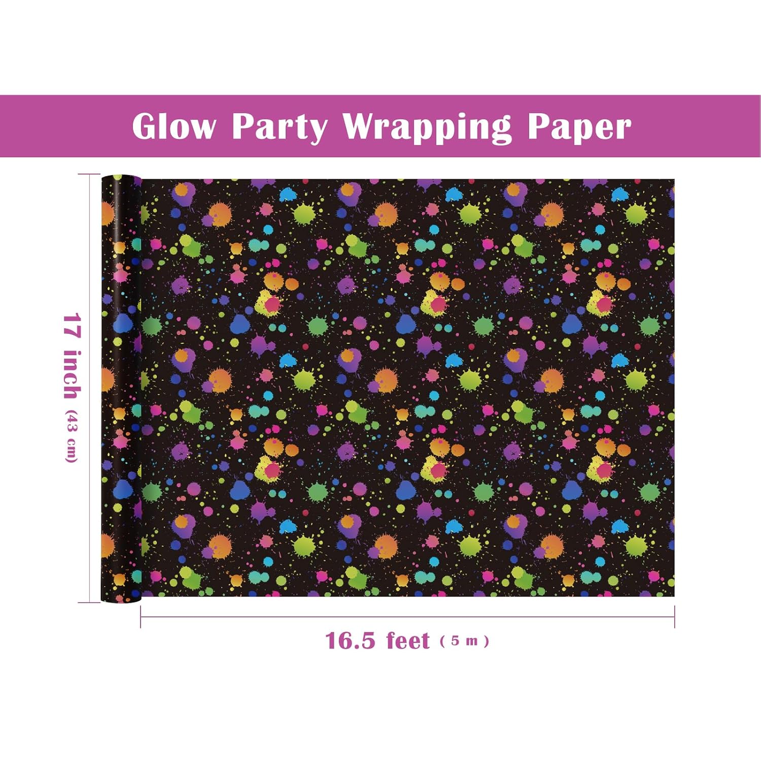 Glow Party Wrapping Paper Roll - Mini Roll - 17 Inch X 16.5 Feet - Bright Neon Wrapping Paper For Glow Party, Black Light, Birthday, Baby Shower