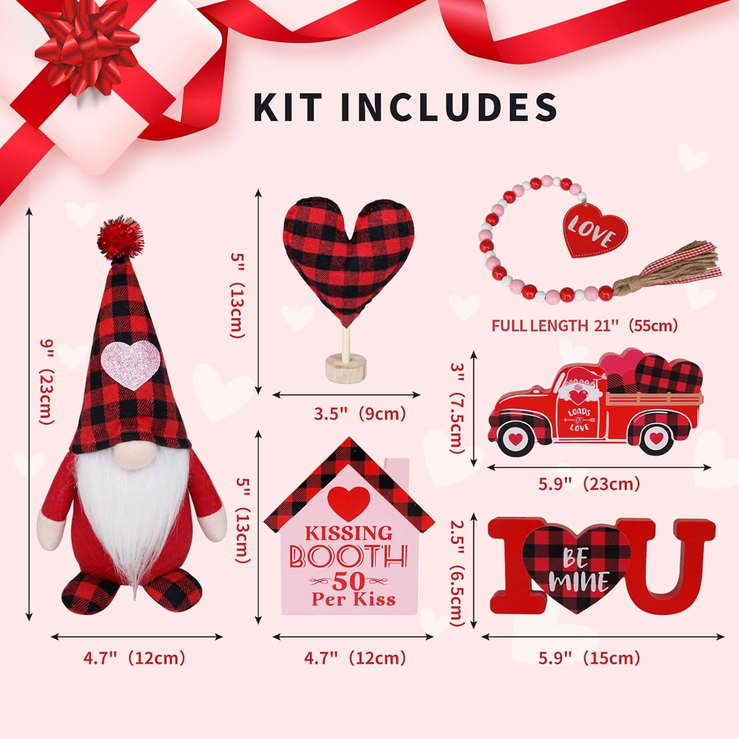 Valentines Day Decor, 6Pcs Valentines Gnome Tiered Tray Decoration Set, Buffalo Plaid Valentine Gnome Plush, 3 Valentine Wooden Signs, Valentine Bead Garland, Farmhouse Valentine Kitchech Decor