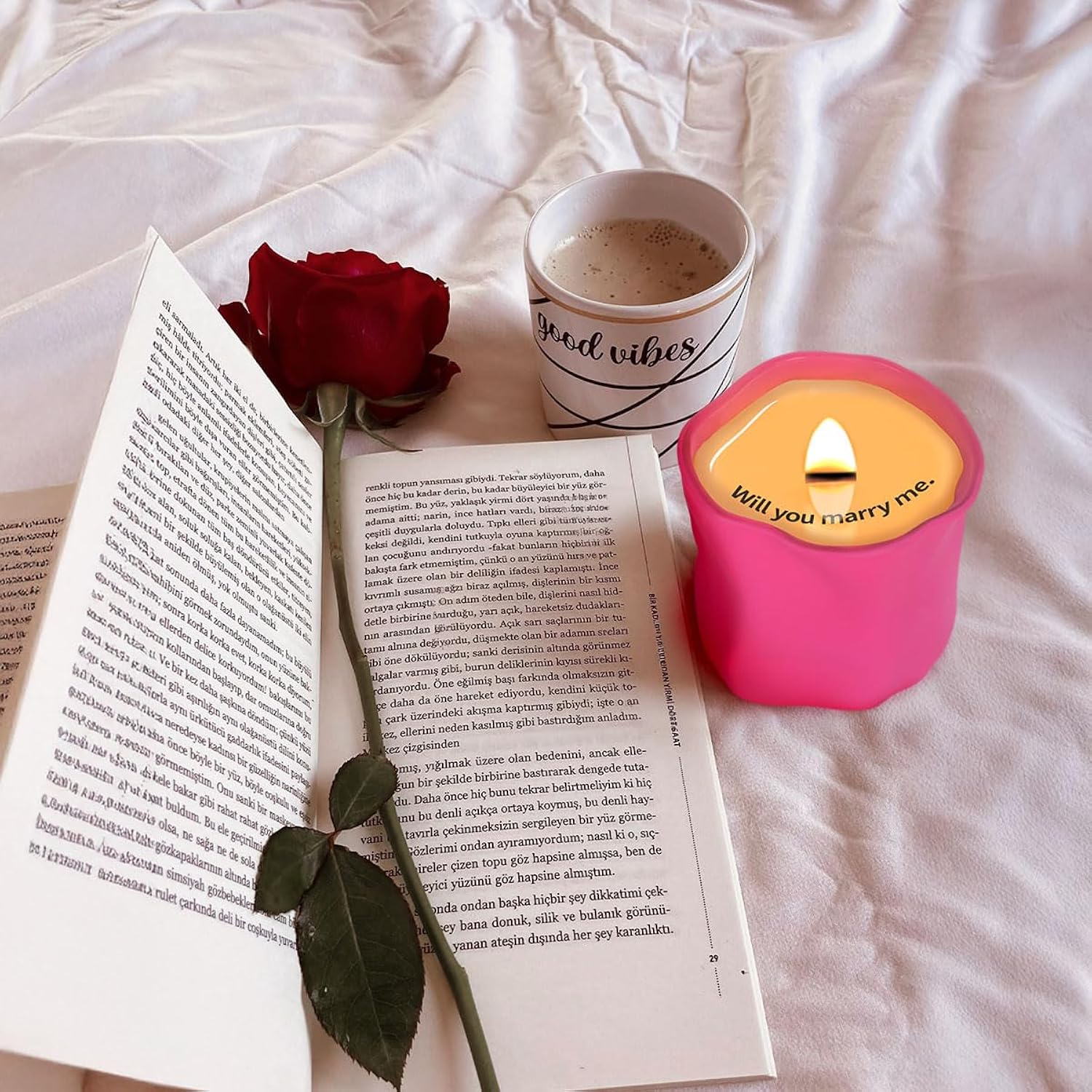 Hidden Message Proposal Candle - Will You Marry Me Wild Rose Scented, Engagement Ring & Secret Note Gift For Her (8Oz)