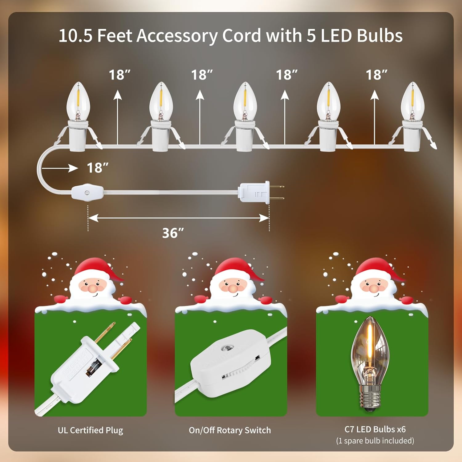 Christmas Village Lights, 10.5Ft Accessory Cord With 5 Led Light Bulb, Blow Mold Replacement Lights With Switch, C7 Ligh