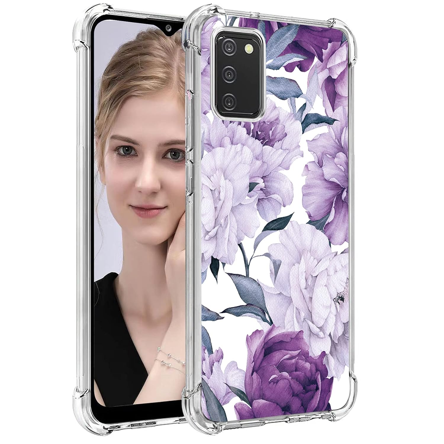 TPU Soft Rubber Four Corners Reinforced Anti-Fall Mobile Phone Case Cover for Samsung Galaxy A03S/Galaxy A02S, Purple Flower