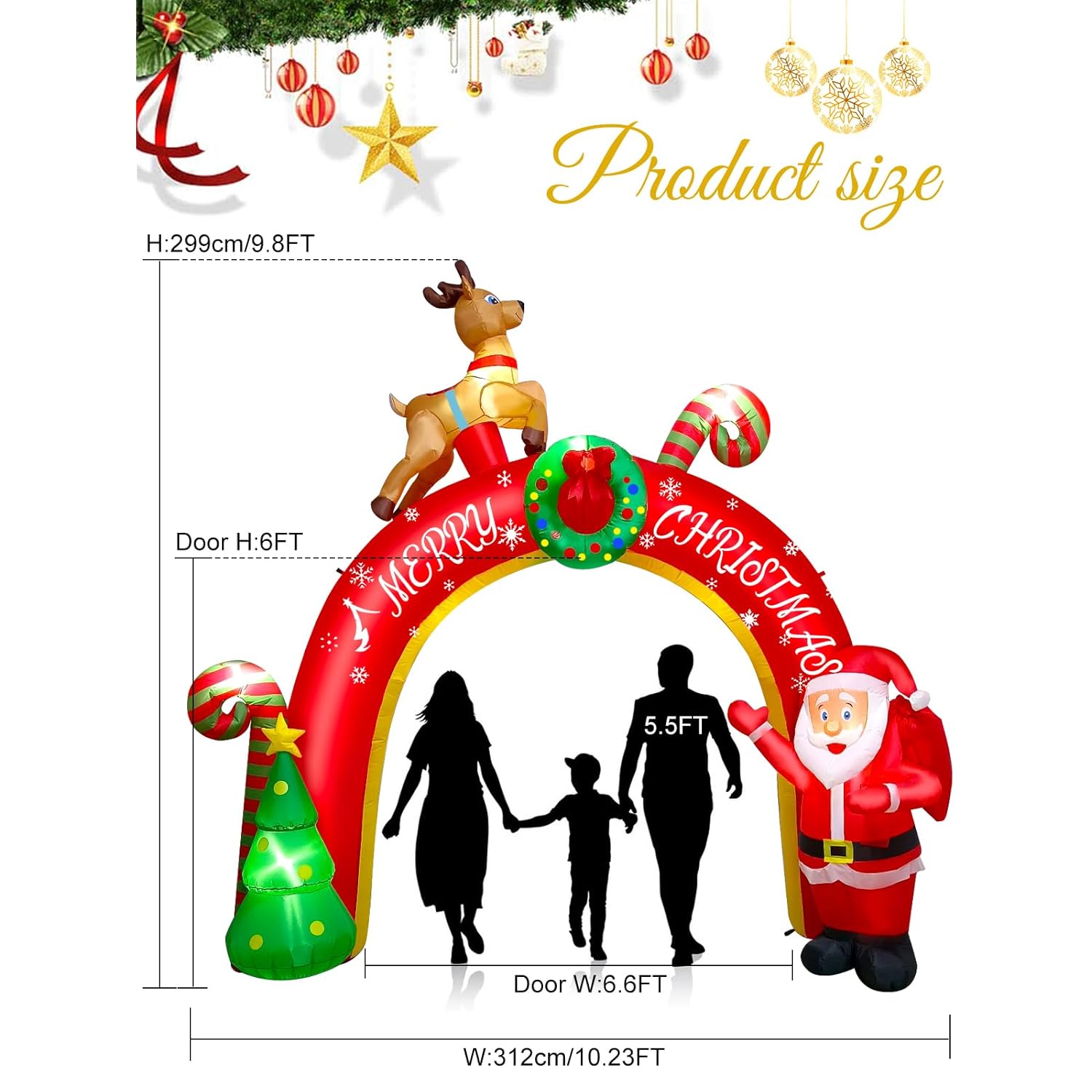 10Ft Christmas Inflatable Decoration With Build-In Leds, Blow Up Yard Santa Claus Decoration Christmas Archway Inflatabl