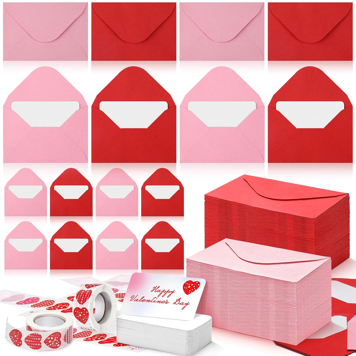 400 Set Mini Valentine Greeting Cards With Envelopes Stickers Valentine Red Pink Love Small Greeting Cards Bulk Blank Note For Galentine Day Gift Supplies(Red,Pink)