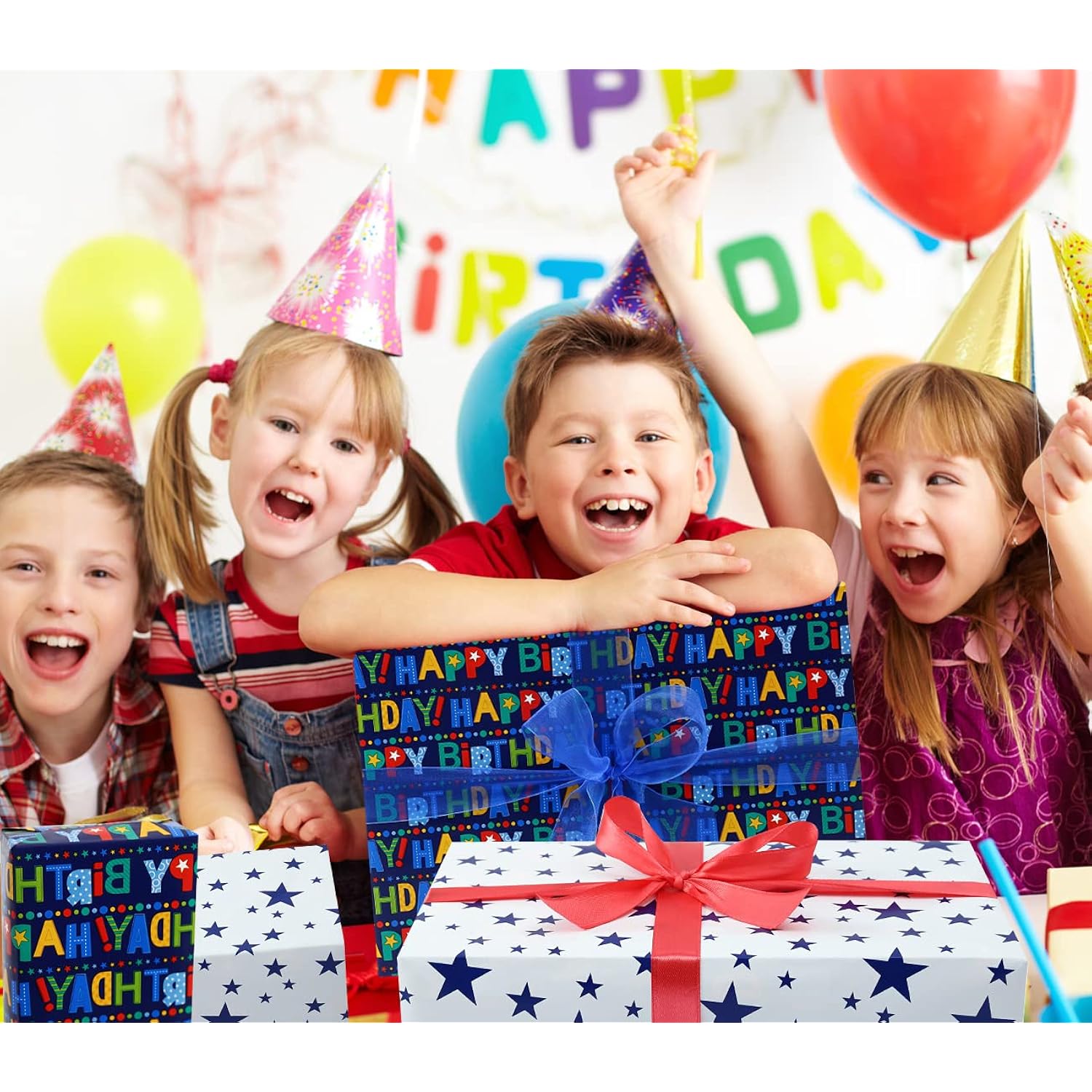 Reversible Birthday Wrapping Paper For Boys Girls Kids Adults Baby Shower Holiday - Colorful Happy Birthday Lettering And Stars Design - Gift Wrap Paper Roll, 17.7 Inch X 33 Feet