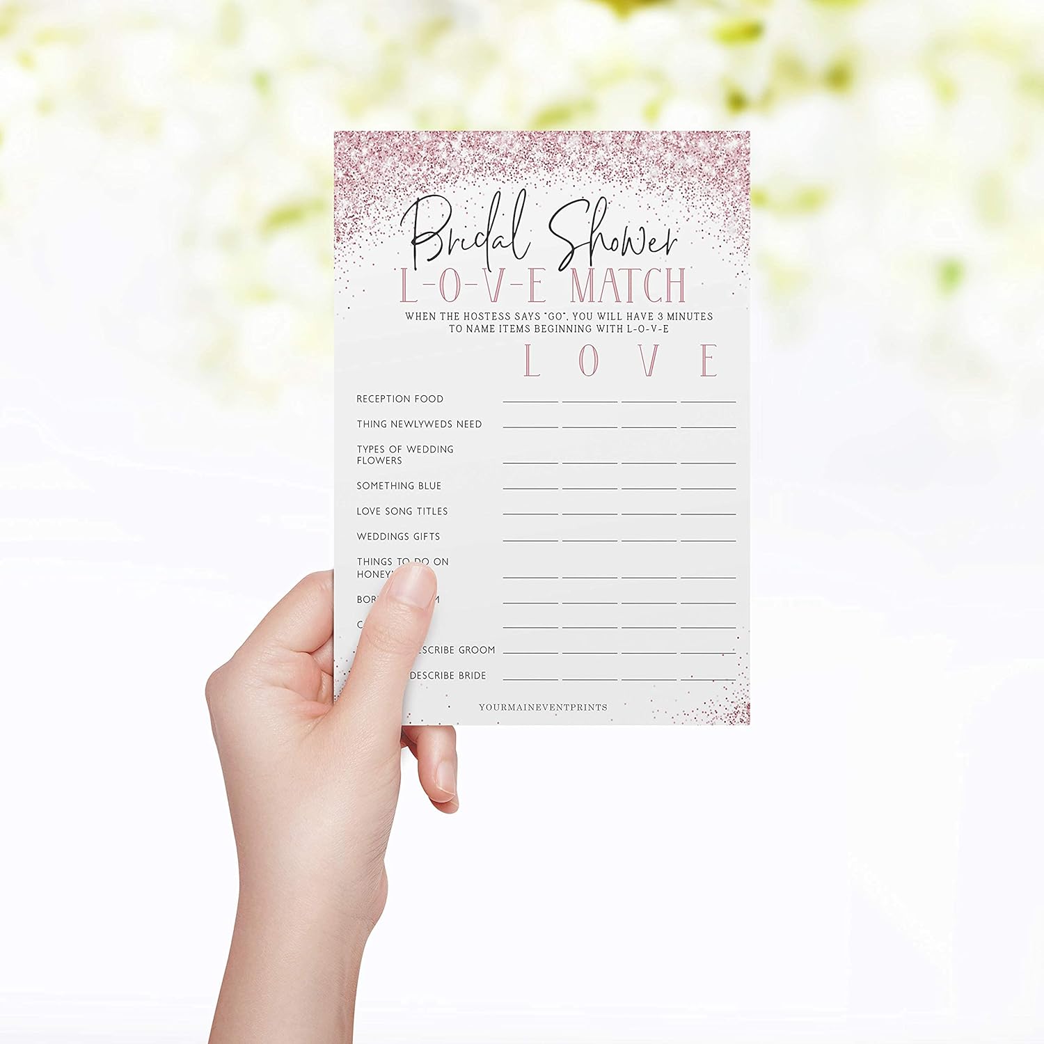 Bridal Shower Games (Set Of 6 Fun Activities For 25 Guests) - Pink Glitter Theme - Printed Front And Back, One Game Per Side