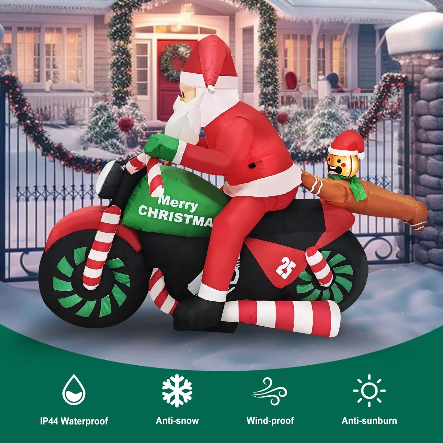 6Ft Christmas Decoration Inflatable Santa Riding Motorcycle With Gingerbread Man Lighted Blow Up Santa Claus Outdoor Dec