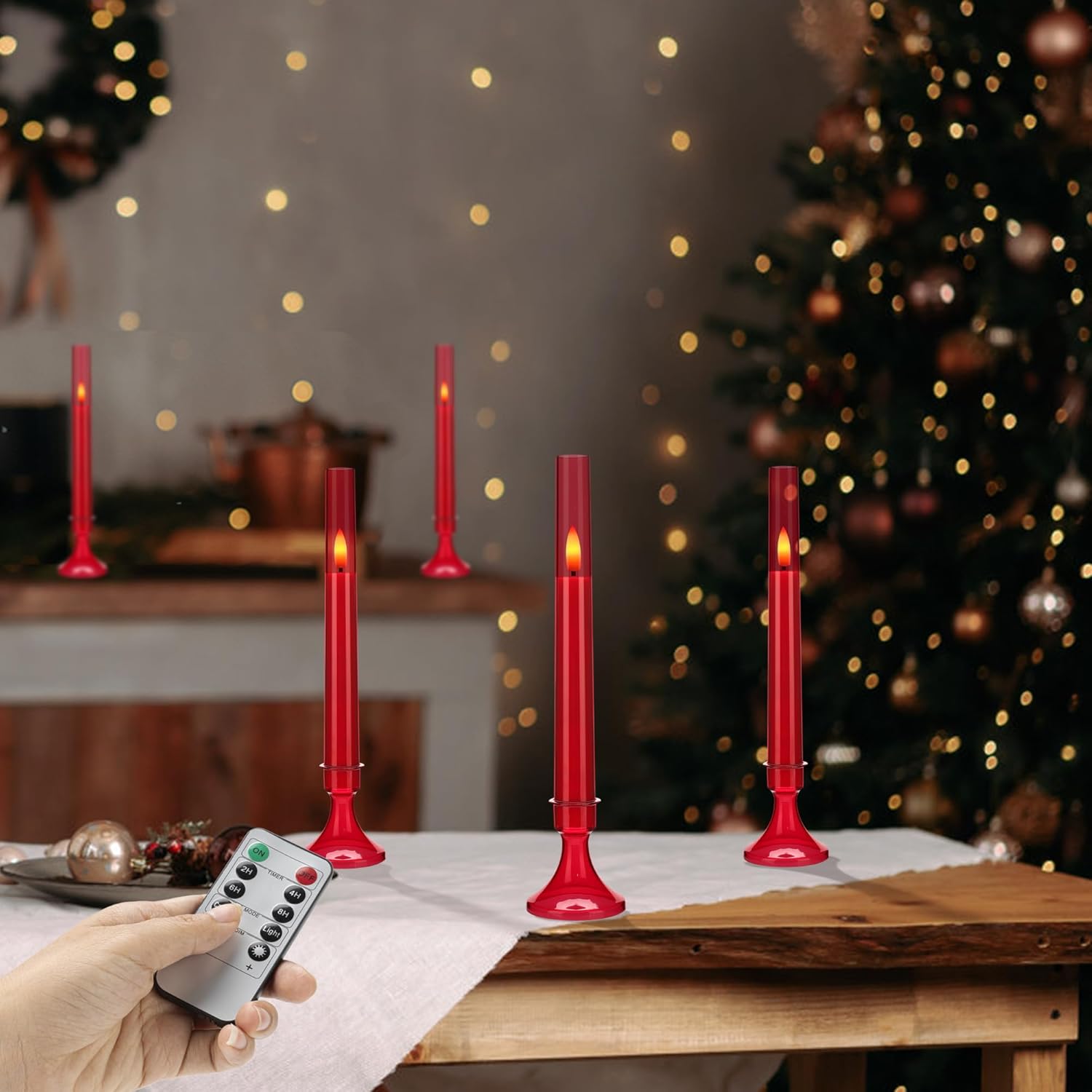 Red Flameless Taper Candles With Remote And Timer,3D Flickering Flameless Candles With Holders, 6 Pack Led Battery Operated Candlesticks 9.25"X0.75" For Christmas, Valentine’S Day Decor