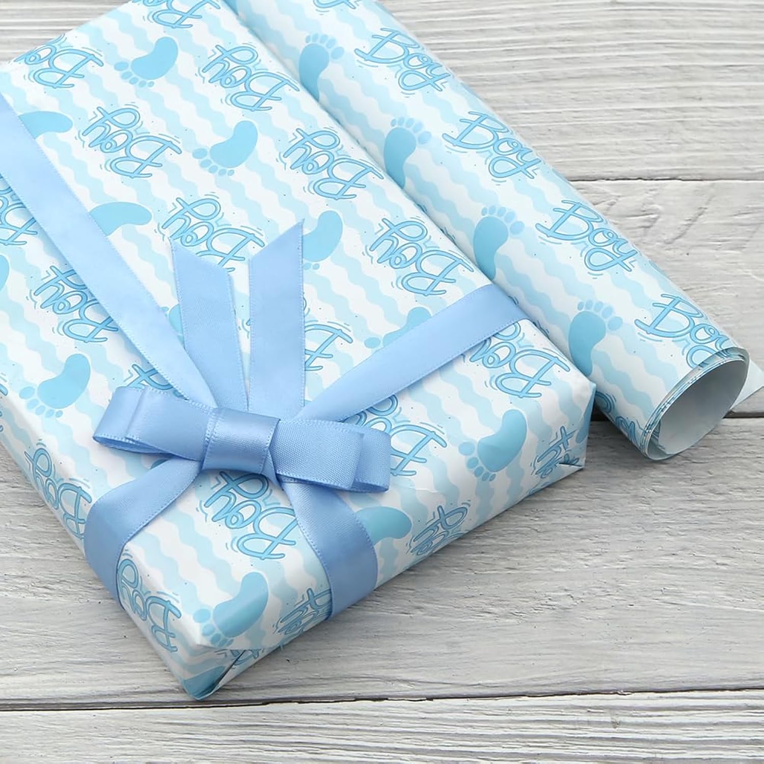 Baby Shower Wrapping Paper Boy, Blue Footprints Boy Baby Shower Wrap Paper Folded Flat 19.6X27.5 Inches Per Sheet With Ribbon Set For Newborn Infant Kids Birthday Holiday Celebration Party Gift Wrap