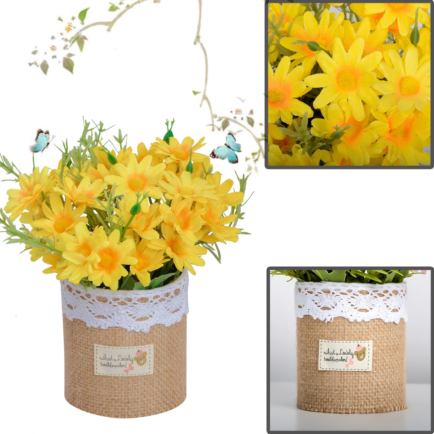 Artificial Flowers - Set Of 4 Mini Fake Potted Silk Daisy Flowers For Home Decor Wedding Office Tabletop Decoration