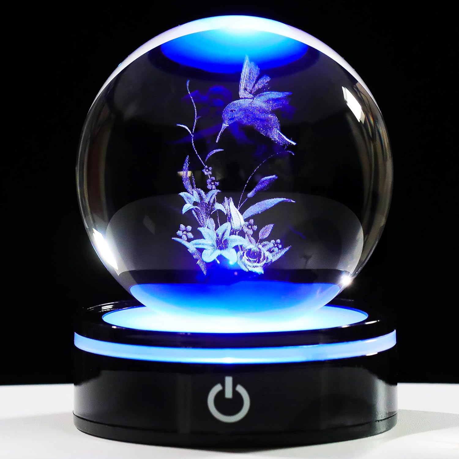3D Hummingbird Figurine Crystal Ball With Light Base, Hummingbird Gifts For Women Men On Christmas Birthday, 3D Laser Engraved Hummingbird Ornament Glass Decorative Ball For Home Office (80Mm)