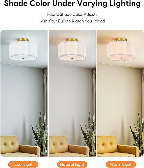 12.6 Inch Gold Semi Flush Mount Ceiling Light 3 Light Flower Fabric Shade Fixture
