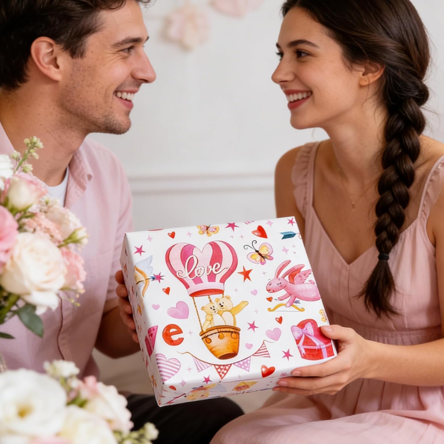 Pink Valentine'S Day Wrapping Paper - Mini Roll - 17 Inch X 33 Feet - Cupid Bear, Rabbit, Hot Air Balloon With Love & Polka Dot Reversible Gift Wrap For Wedding, Anniversary, Birthday, Party