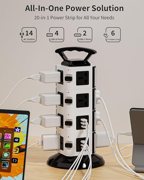 Power Strip Tower 14 Outlets 4 USB A 2 USB C 1875W 15A 6 Ft Extension Cord