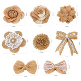 24Pcs Burlap Flowers, Artificial Plants, 8 Styles Natural Handmade Rustic Rose Flower Bowknot With Faux Pearls For Diy Craft Bouquets Home Wedding Party Decoration