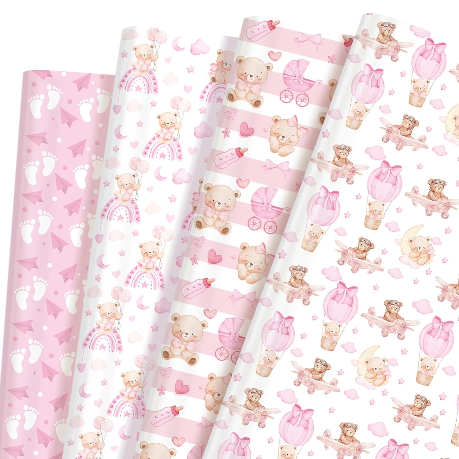12 Sheet Pink Bear Wrapping Paper For Baby Shower, 19.7 X 27.6 In - Pink Baby Girl Gift Wrap Paper With Cute Feet For Baby Shower, Gender Reveal, Girls Birthday, Bachelorette Party, Diy Craft