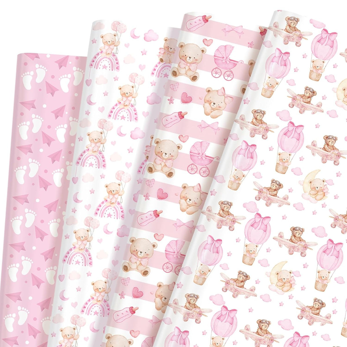 12 Sheet Pink Bear Wrapping Paper For Baby Shower, 19.7 X 27.6 In - Pink Baby Girl Gift Wrap Paper With Cute Feet For Baby Shower, Gender Reveal, Girls Birthday, Bachelorette Party, Diy Craft