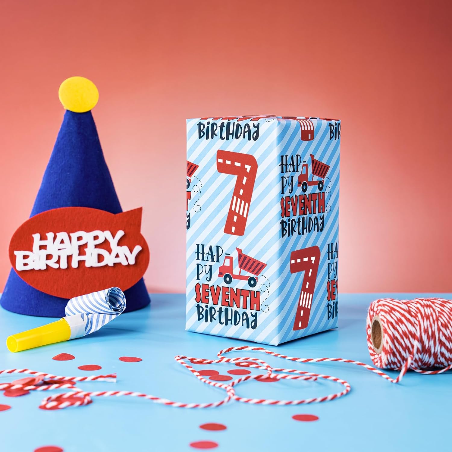 7Th Birthday Wrapping Paper For Boys, Mini Roll, Happy Seventh Birthday Truck Stripes, 17 Inches X 16.4 Feet, Perfect For Boys' Parties