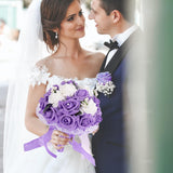 , Wedding Bouquets Flower Bridal Bridesmaid Pearl Silk Artificial Rose For Bride Party And Church (Purple)