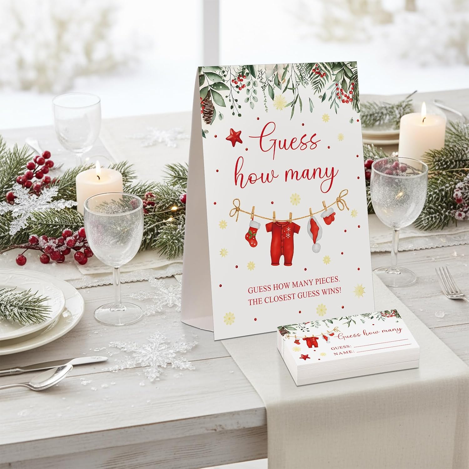 Christmas Guess How Many Baby Shower Game Pack Of 1 Tabletop Sign With Stand And 50 How Many Cards, Christmas Gender Reveal Party Game Decorations(Santa)