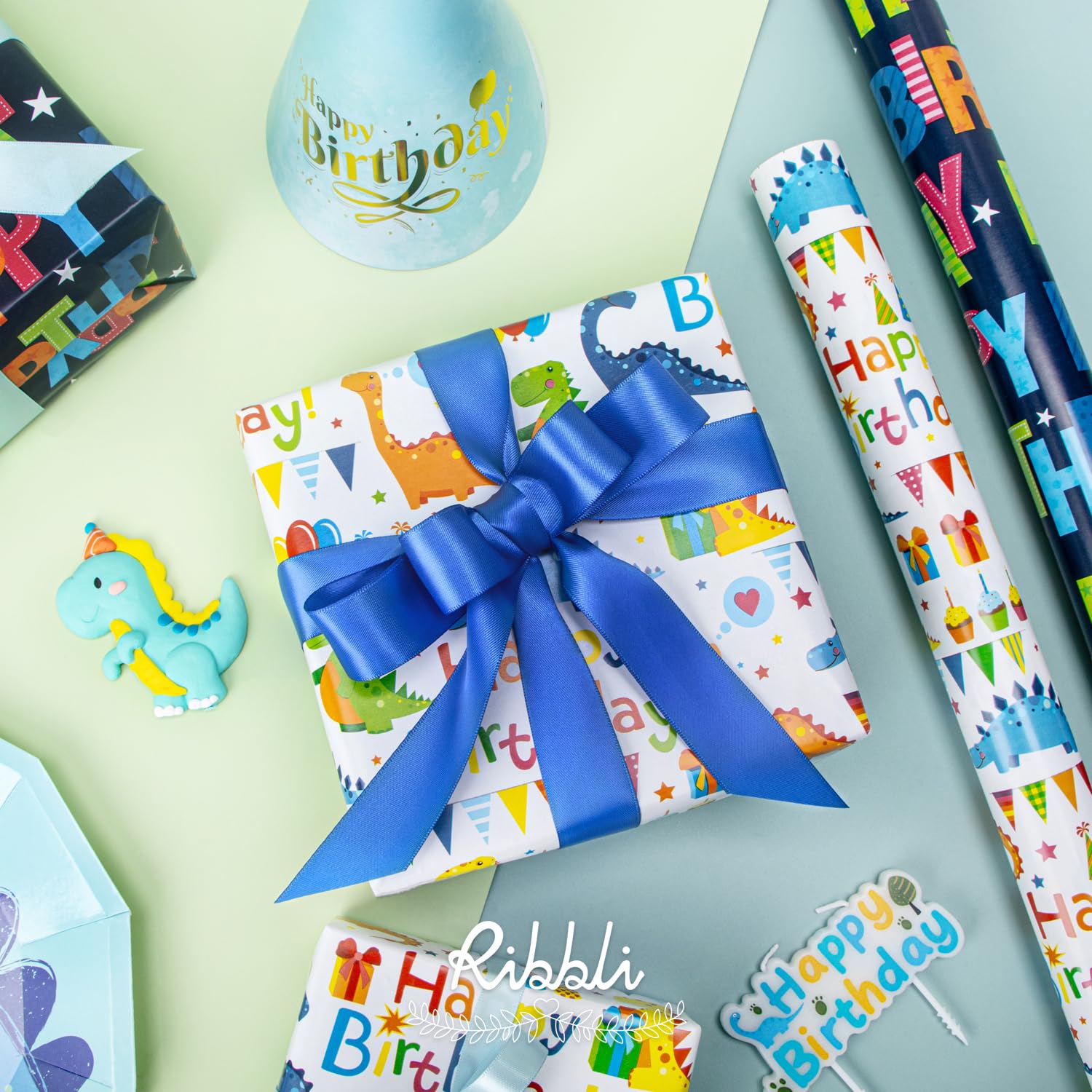 Dinosaur Birthday Wrapping Paper 3 Rolls Happy Birthday Dinosaur Balloon Printed Wrapping Paper For Boys- Mini Roll 17 Inch X 120 Inch(10Feet) Per Roll