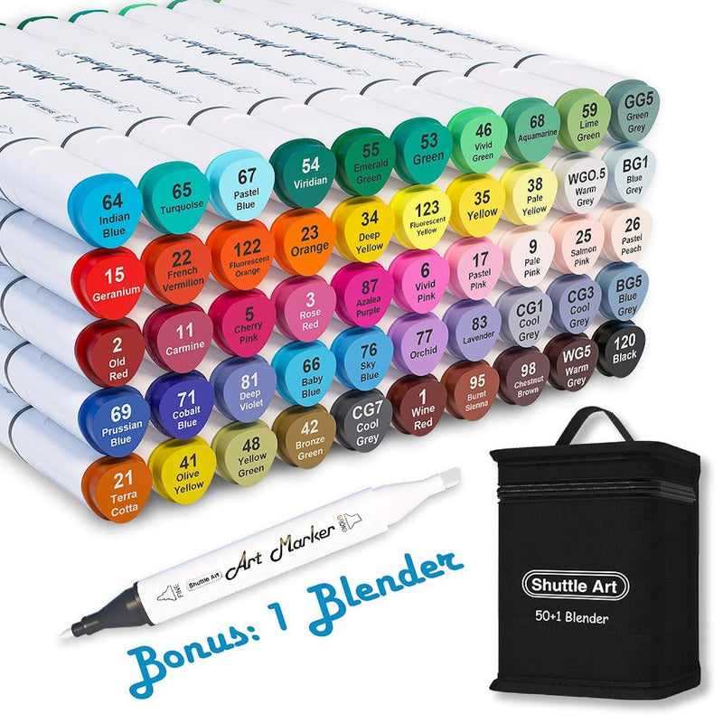 51 Colors Dual Tip Alcohol Based Art Markers, 50 Colors Plus 1 Blender Permane