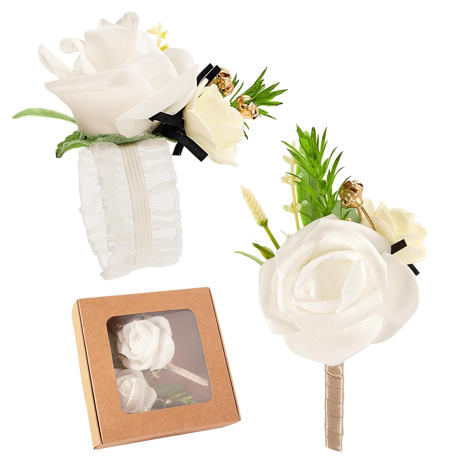 3 Pcs White Rose Wrist Flowers,Boutonniere For Men And Packaging Box,Wedding Accessories For Brides,Corsage And Boutonniere Set For Wedding Flowers Ceremony Prom Party Accessories