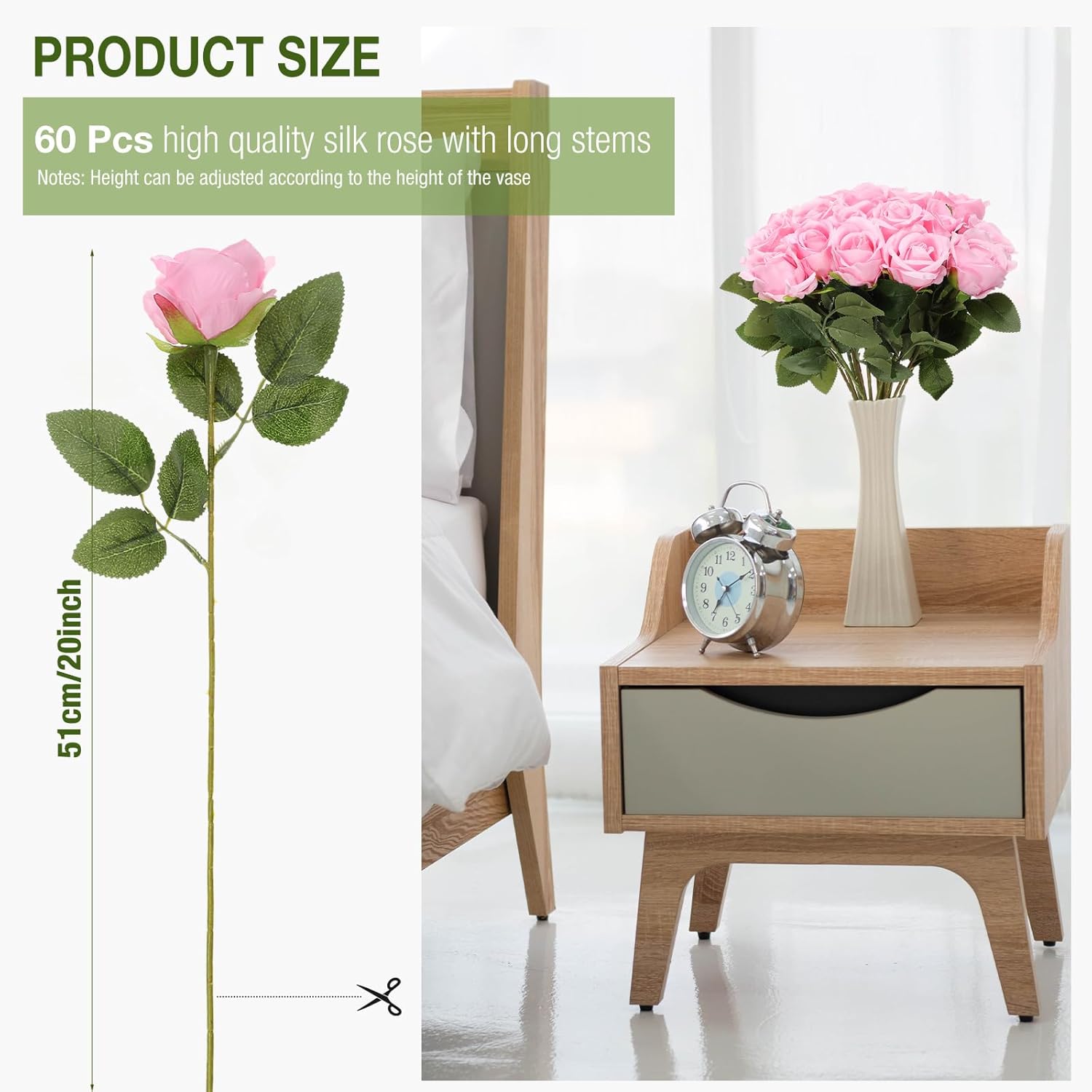 60 Pcs Artificial Roses Bulk Silk Flowers With Long Stems, Realistic Faux Rose Bouquet For Wedding Centerpieces, Valentine’S Party, Home Decor(Pink)