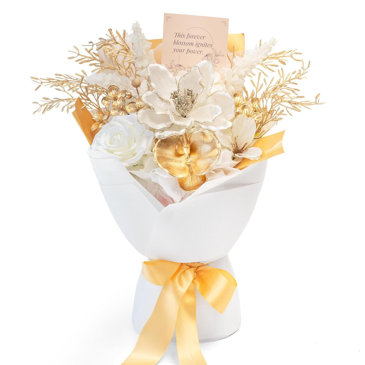 Preserved Flowers Bouquet, Christmas Faux Rose Bouquets Platinum, Artificial Flowers Poinsettia Faux Flowers, For Christmas Centerpiece Table Home Holiday Party(White & Gold)