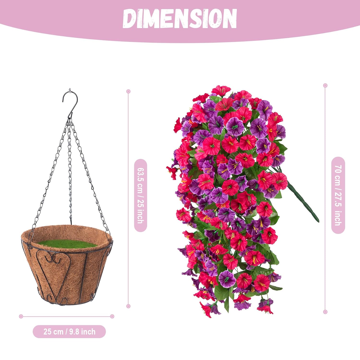Artificial Flowers With Hanging Basket, Outdoor Faux Plants Silk Morning Glory Vines, Fake Green Arrangement For Garden Patio Spring Summer Decor(Hot Pink Purple)