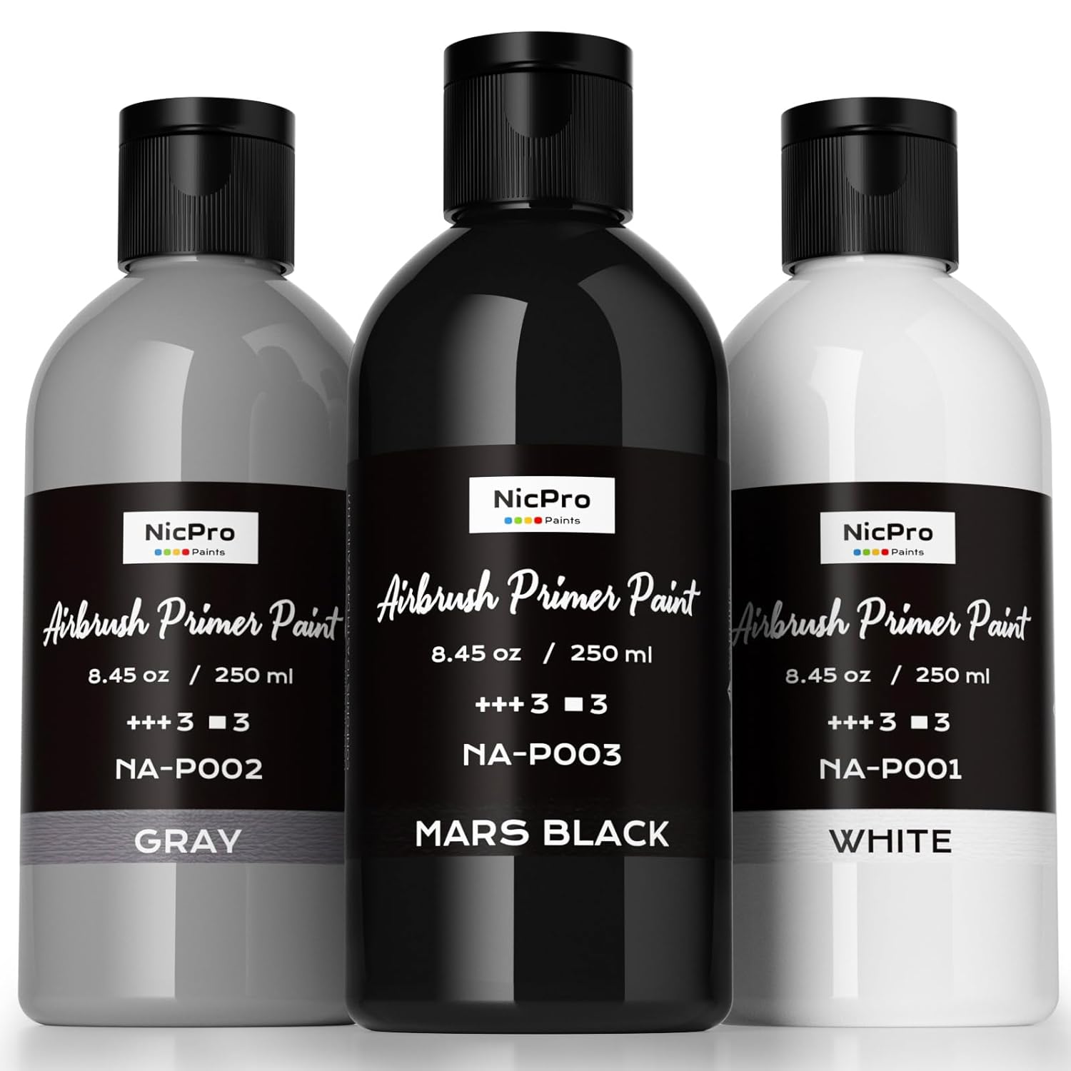 Black, Gray, White Surface Primer Airbrush Paint (8.4Oz, 250 Ml), Matte Finish, Ready To Spray Air Brush Acrylic Primer For Beginners & Artists Priming Plastic Models, Miniature Figures, Craft