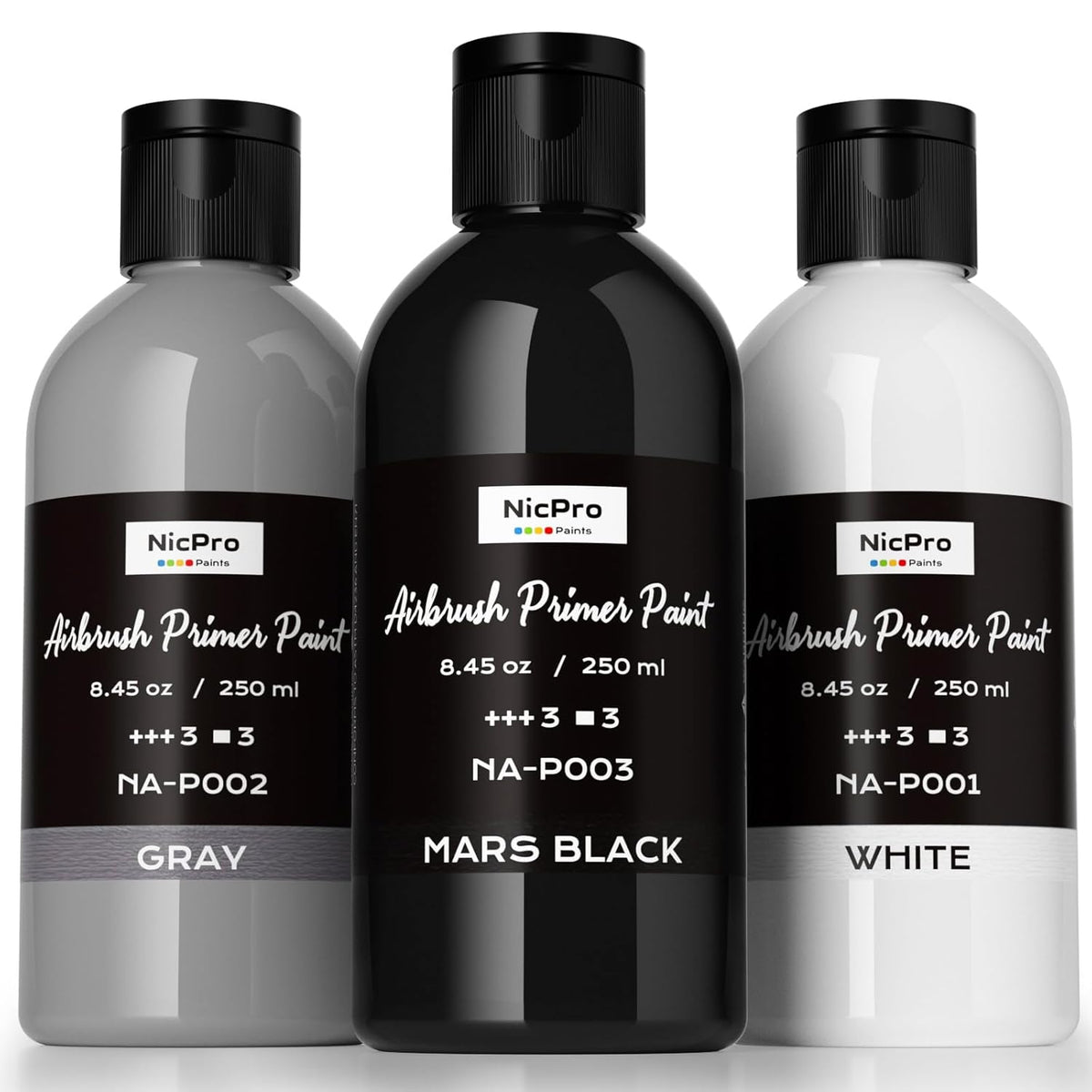 Black, Gray, White Surface Primer Airbrush Paint (8.4Oz, 250 Ml), Matte Finish, Ready To Spray Air Brush Acrylic Primer For Beginners & Artists Priming Plastic Models, Miniature Figures, Craft