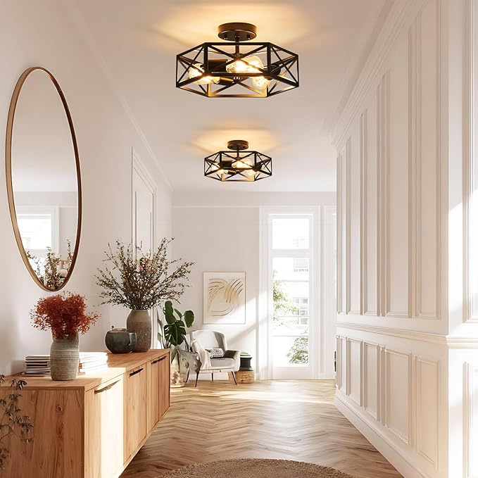 14.6 Inch Hexagon Farmhouse Ceiling Light Black Semi Flush Mount Fixture